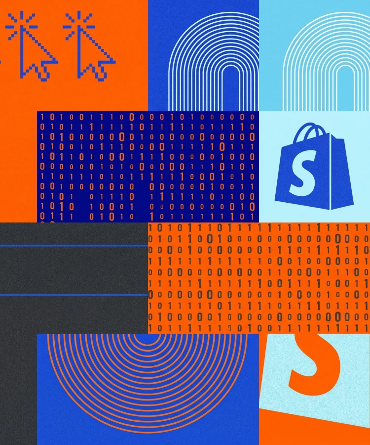A grid of grainy tiles in orange, blue and navy: pixel-art mouse cursors, nested arcs, dense fields of binary digits, a Shopify shopping bag, and a search bar with a magnifying glass and a sparkle. A grid of grainy tiles in orange, blue and navy: pixel-art mouse cursors, nested arcs, dense fields of binary digits, a Shopify shopping bag, and a search bar with a magnifying glass and a sparkle.